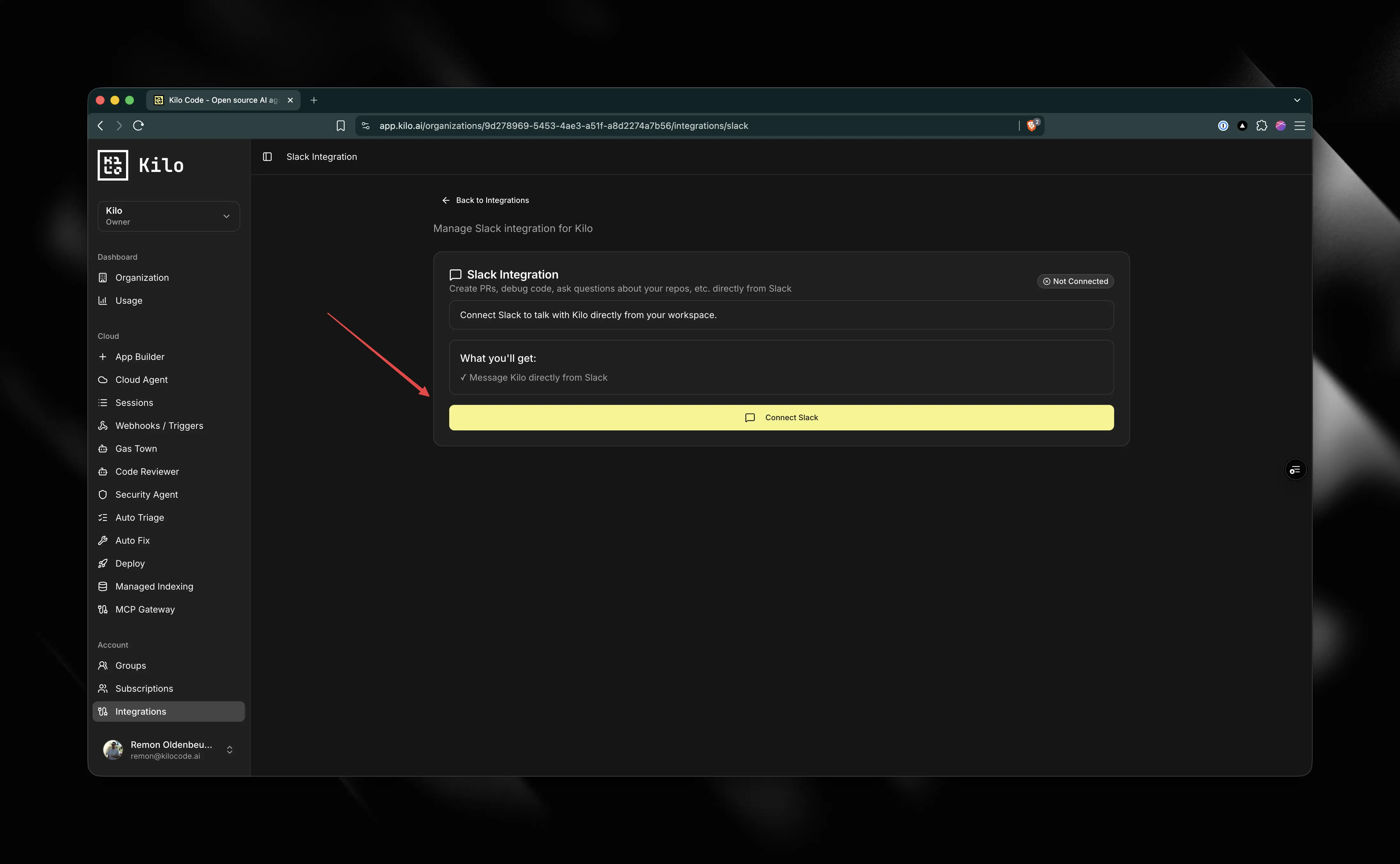 Kilo Integrations page where you install the Slack integration, step 2