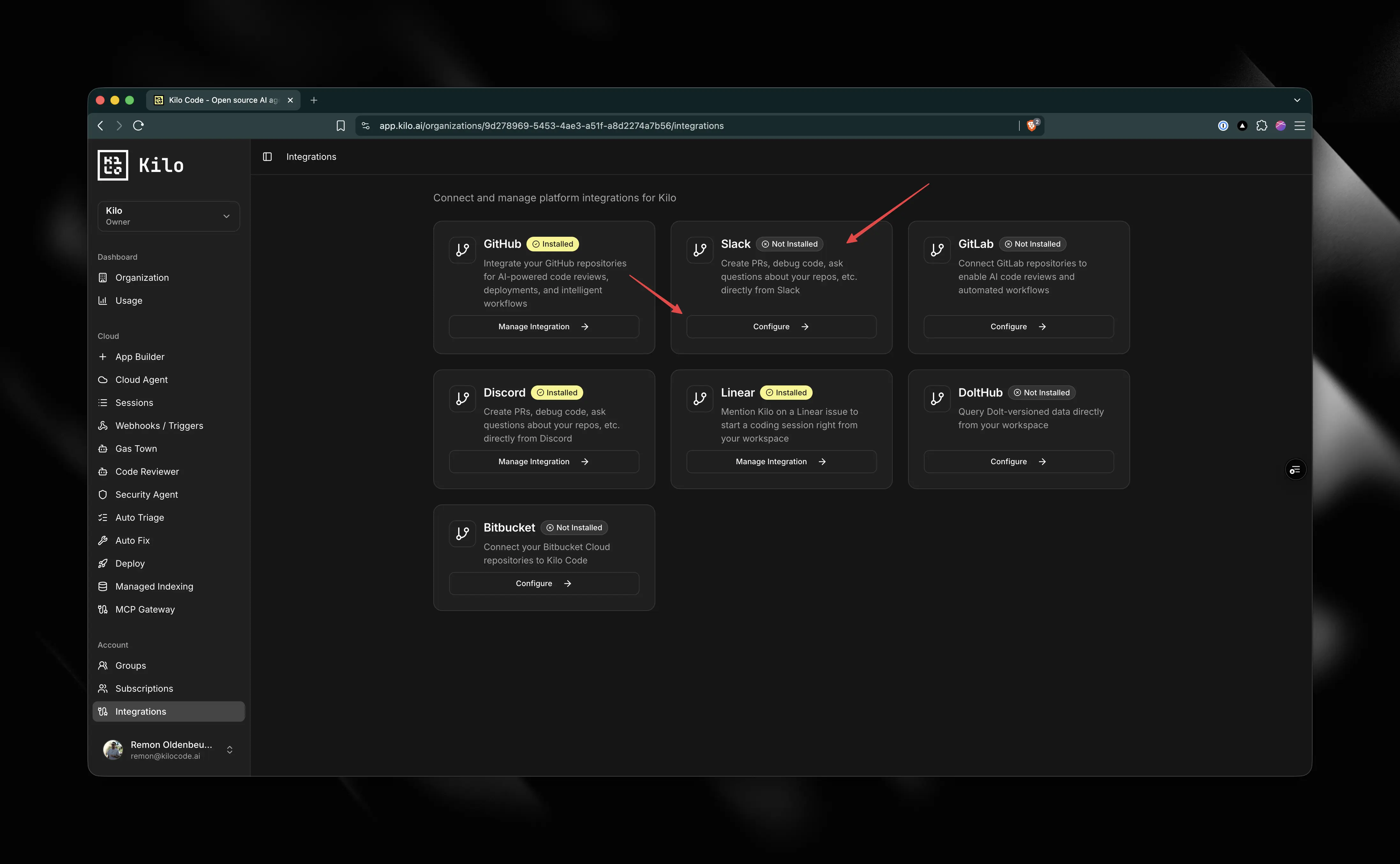 Kilo Integrations page where you install the Slack integration