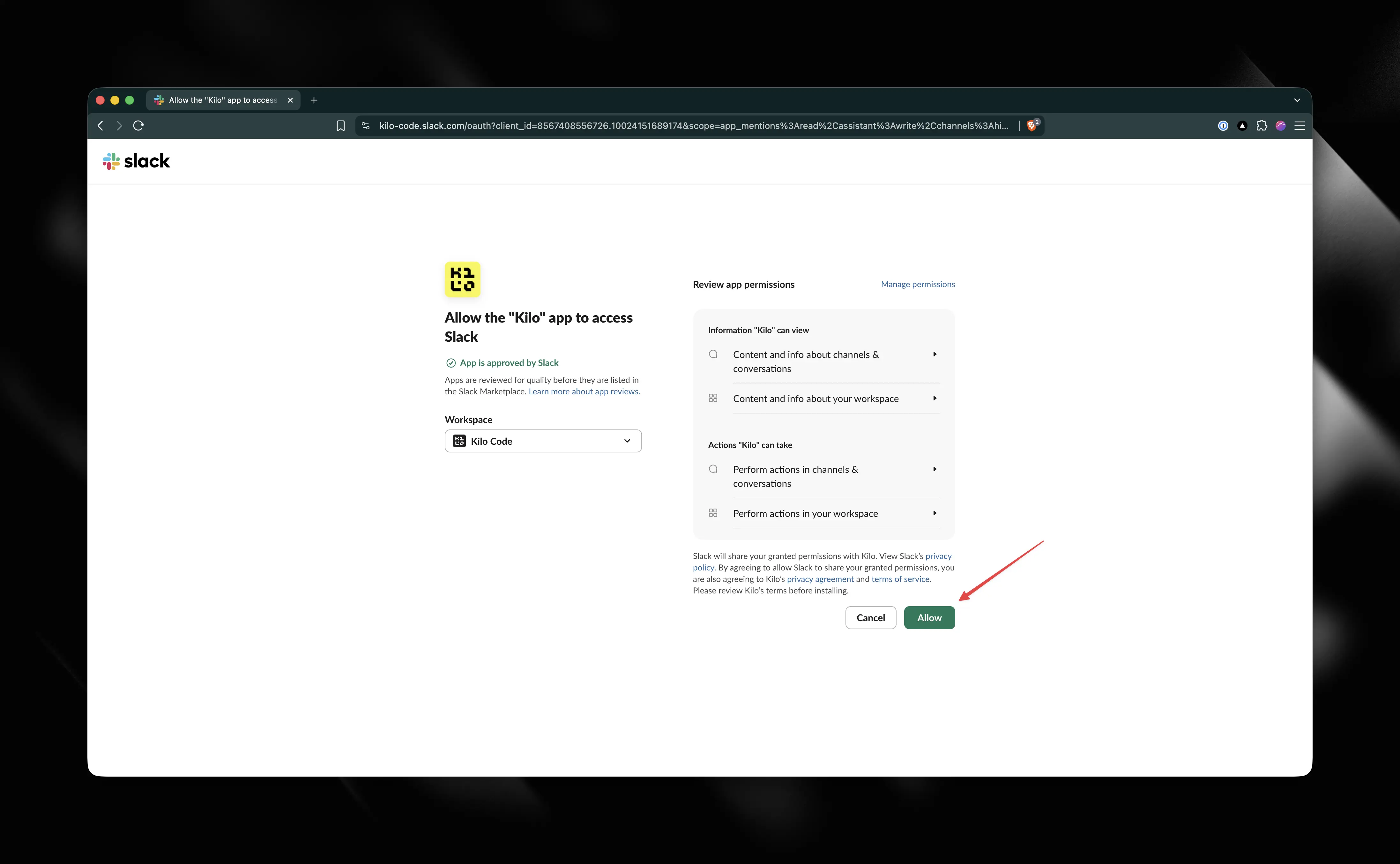 Slack OAuth authorization page