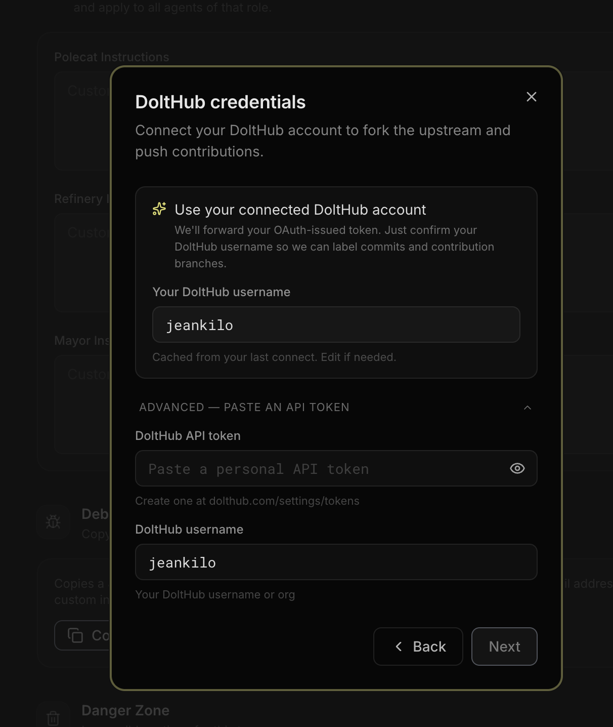 DoltHub credentials dialog showing connected account and advanced API token fields