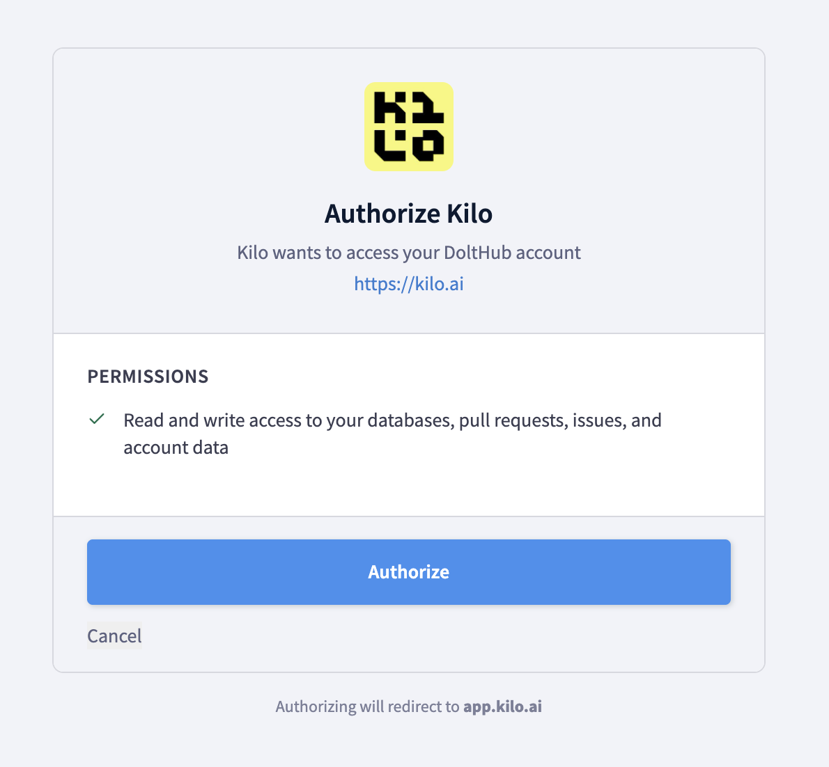 DoltHub OAuth authorization screen for Kilo