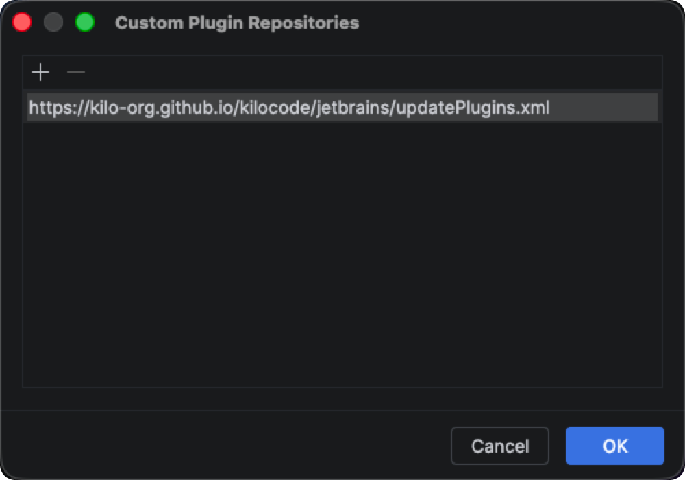 JetBrains Custom Plugin Repositories dialog with the Kilo Code repository URL added