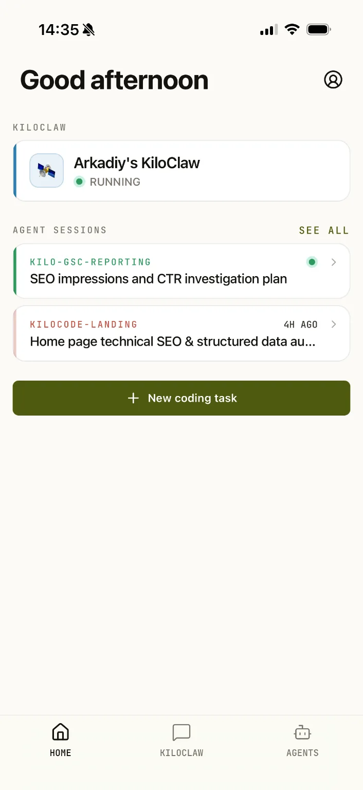 Kilo Code mobile home screen showing active agent sessions