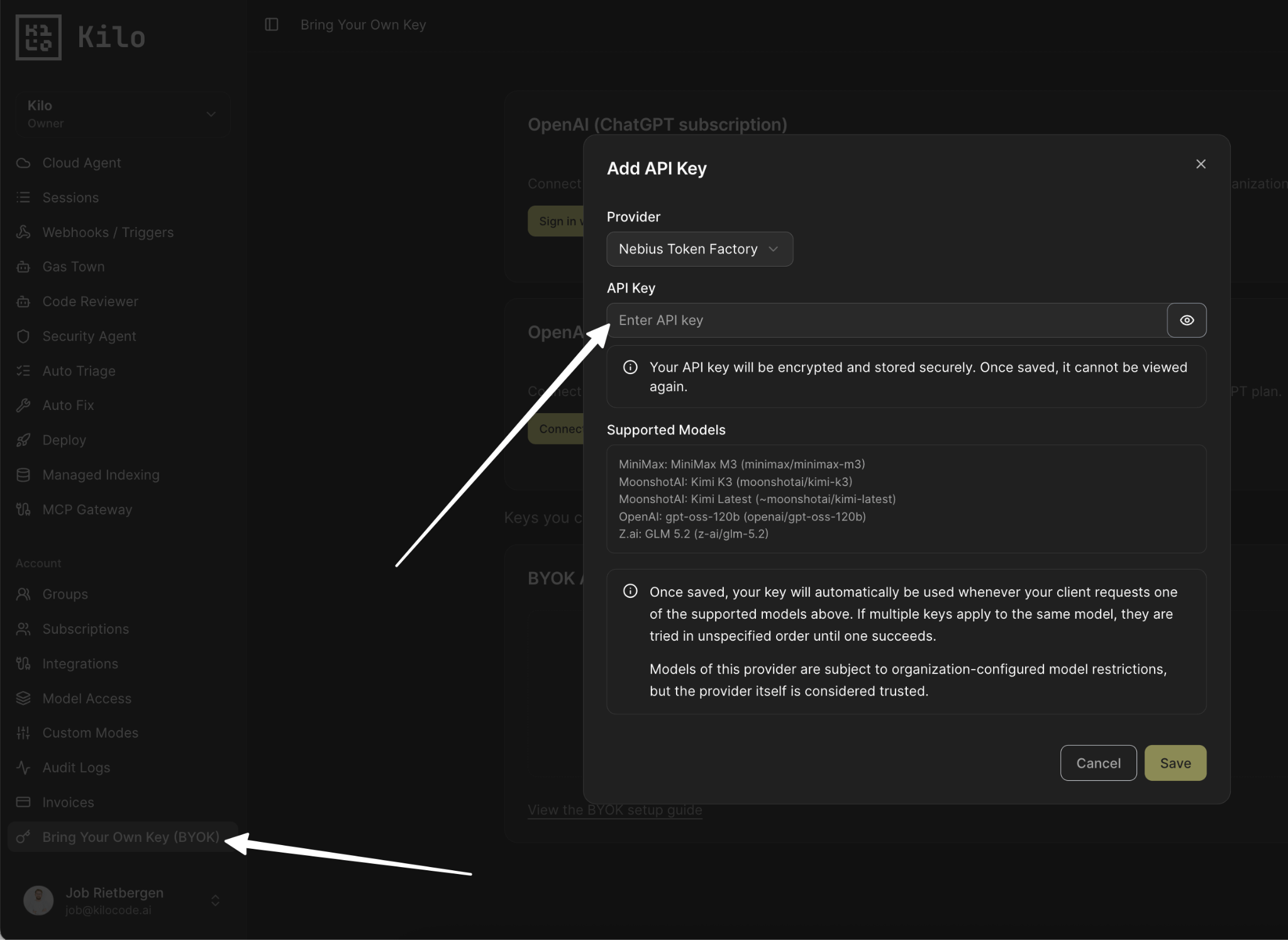 Kilo Cloud BYOK page with the Add API Key dialog and Nebius Token Factory selected as provider