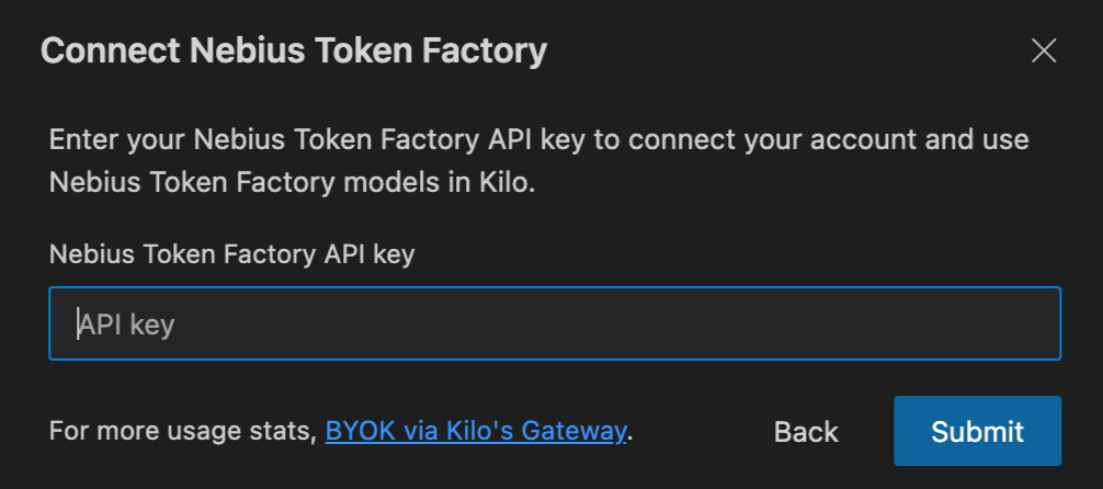 VS Code dialog to enter the Nebius Token Factory API key