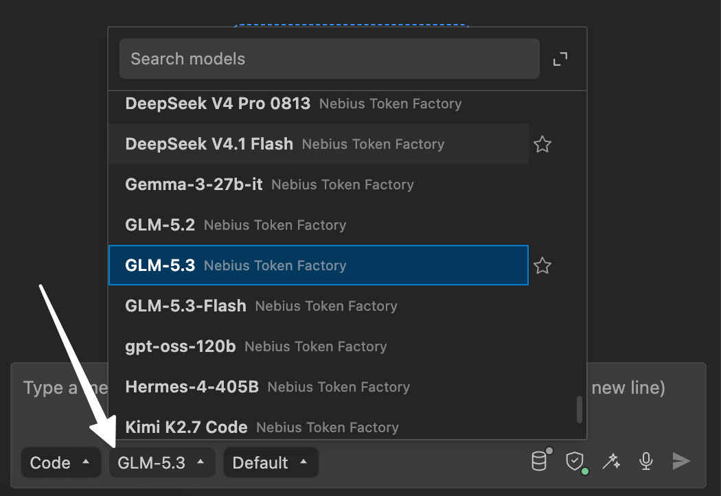 VS Code model picker showing models tagged Nebius Token Factory